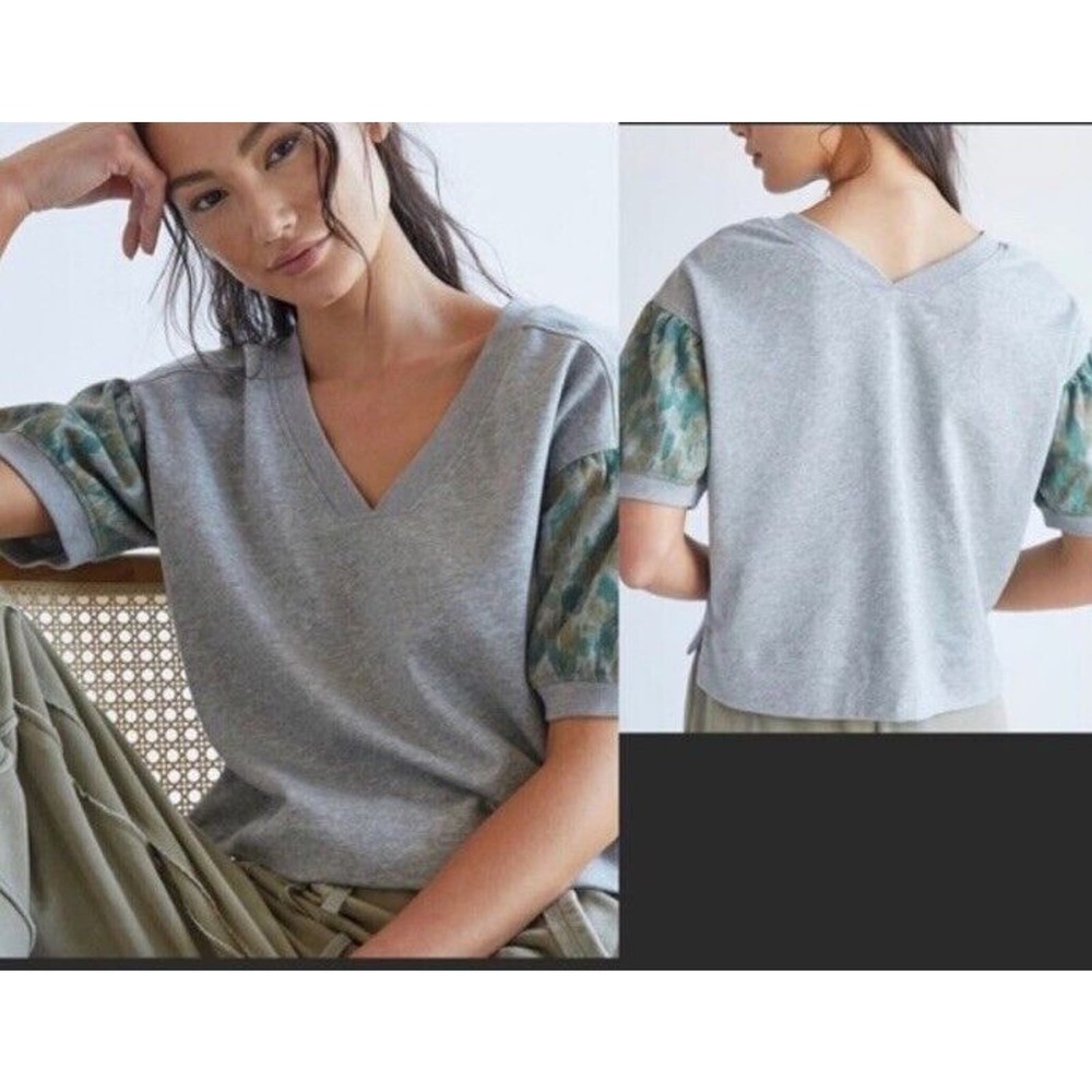 New Anthropologie | Daily Practice Moss Puff Sleeve Top Gray Green Sz Small Crop